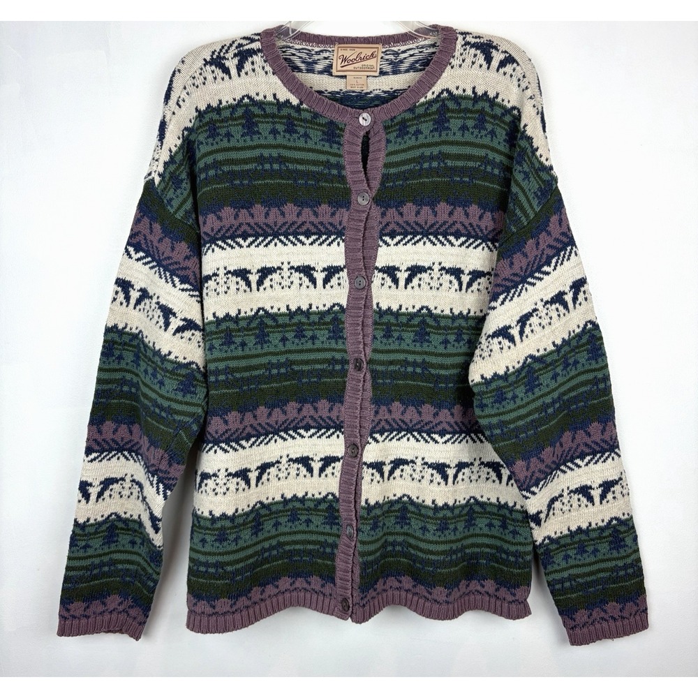 Vintage Woolrich Cardigan Sweater Womens Large Cotton Made USA Casual Ski